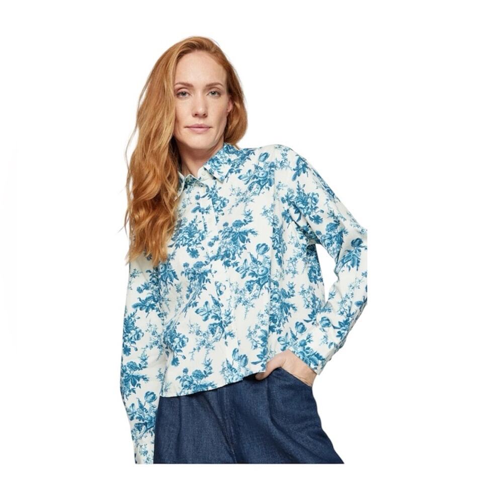Gap × LoveShackFancy Cotton Cropped Shirt Blue Floral Button Down Size XL